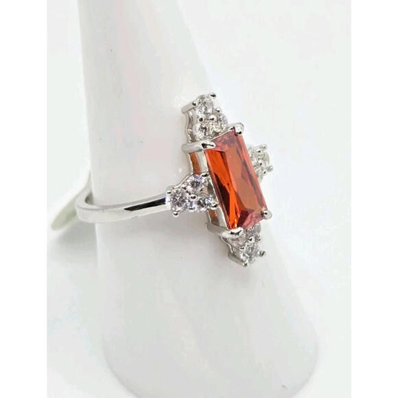 Tangerine Cubic Zirconia on .925 Solid Sterling Silver ~ Bomb Party Ring ~Size 8 - Picture 2 of 5
